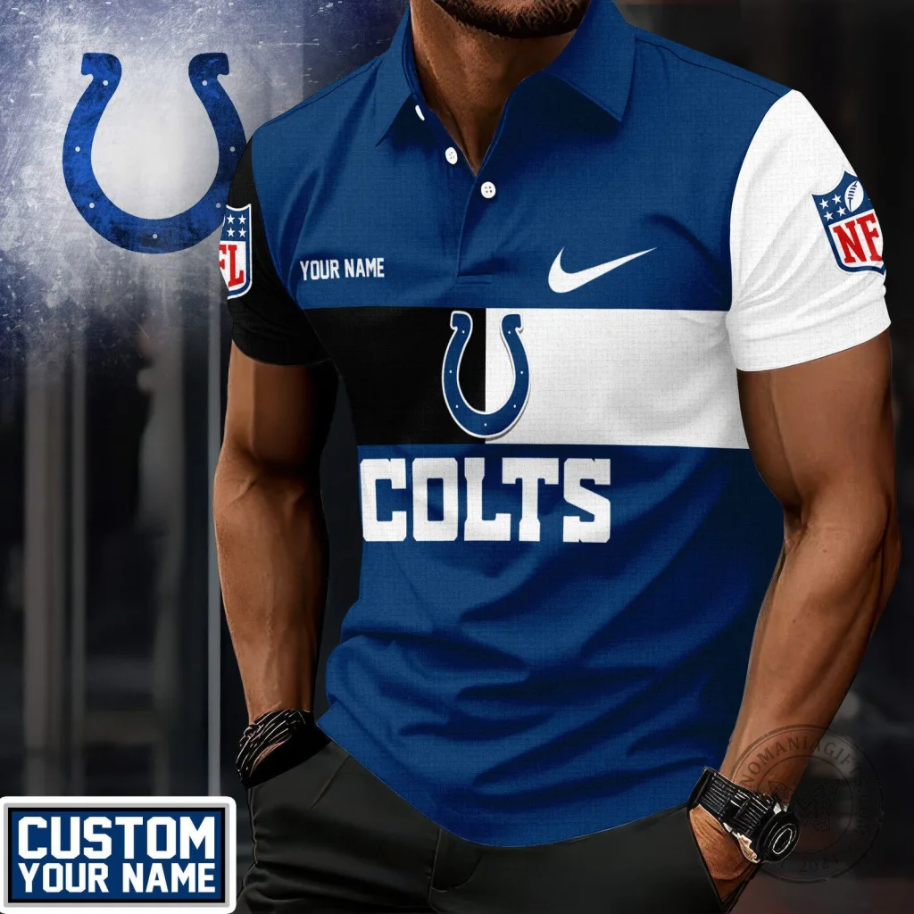 Indianapolis Colts NFL Custom Name White and Blue Polo Shirt for Men Indianapolis Colts NFL Custom Name White and Blue Polo Shirt for Men