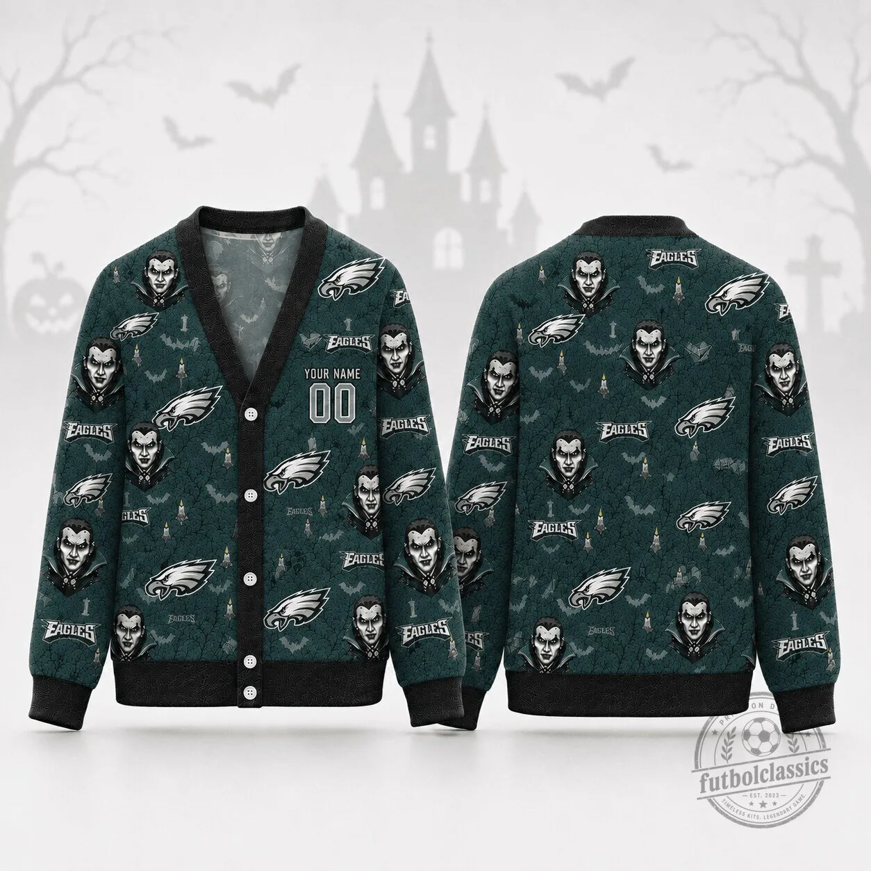 Philadelphia Eagles Fan Halloween Dracula Custom Name Cardigan Sweater