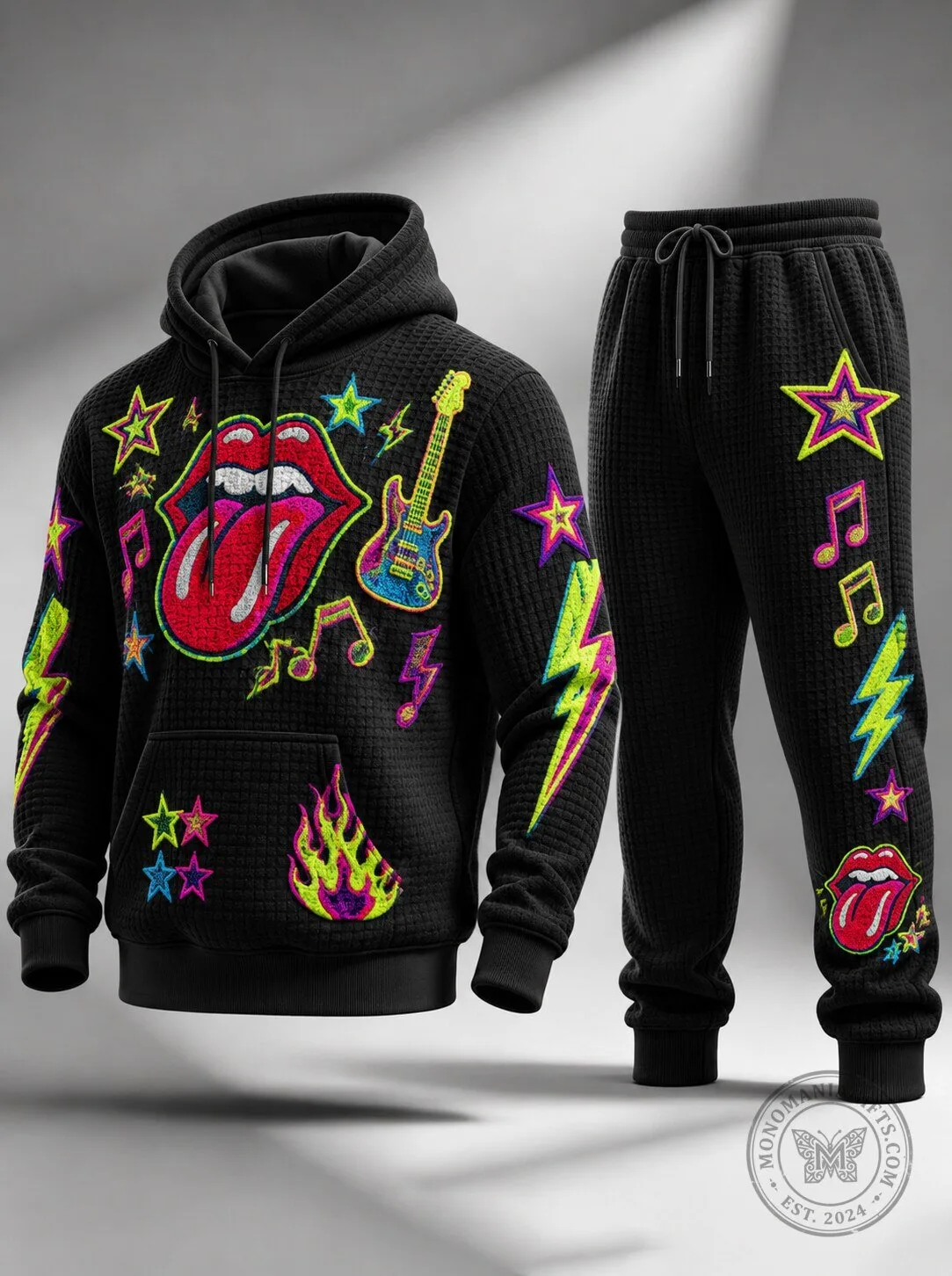 Rolling Stones Rock and Roll Neon Patches Black Hoodie and Sweatpants Set