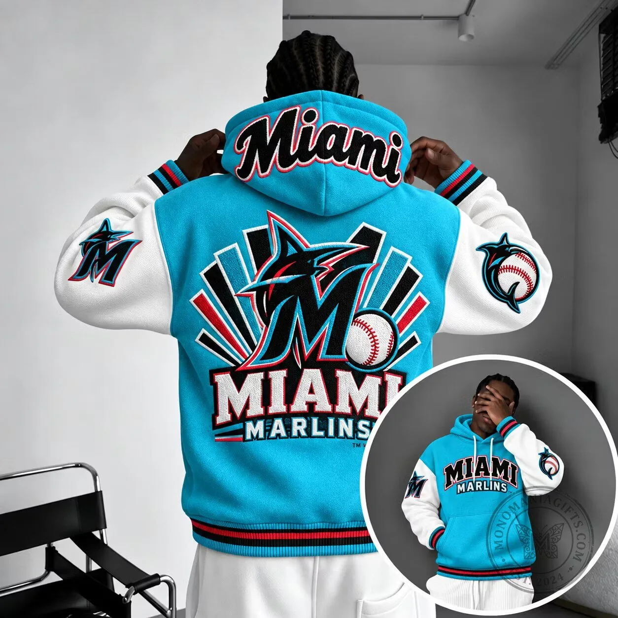 Miami Marlins Baseball Team Logo Embroidered Blue and White Hoodie