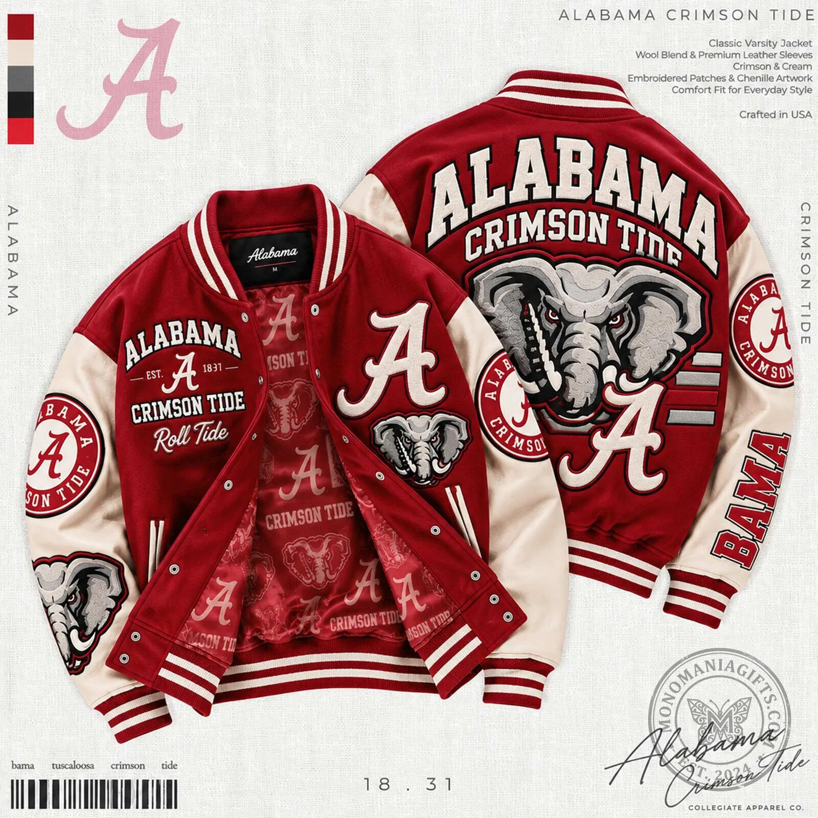 Alabama Crimson Tide Roll Tide Elephant Mascot Embroidered Varsity Jacket 1 Alabama Crimson Tide Roll Tide Elephant Mascot Embroidered Varsity Jacket