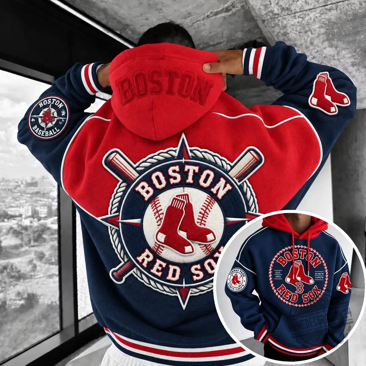 Boston Red Sox Baseball Team Logo Embroidered Hoodie Sweatshirt