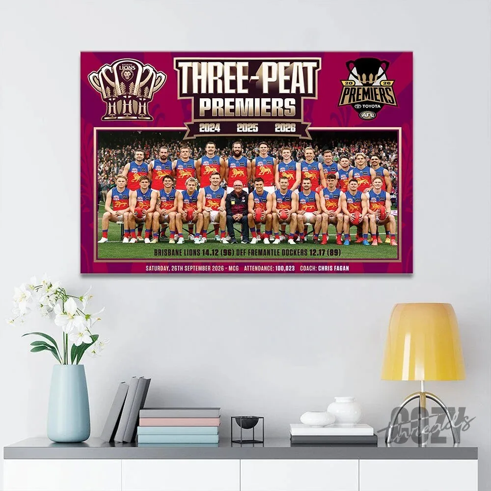 Brisbane Lions AFL Three-Peat Premiers 2024 2025 2026 Football Team Canvas Wall Art