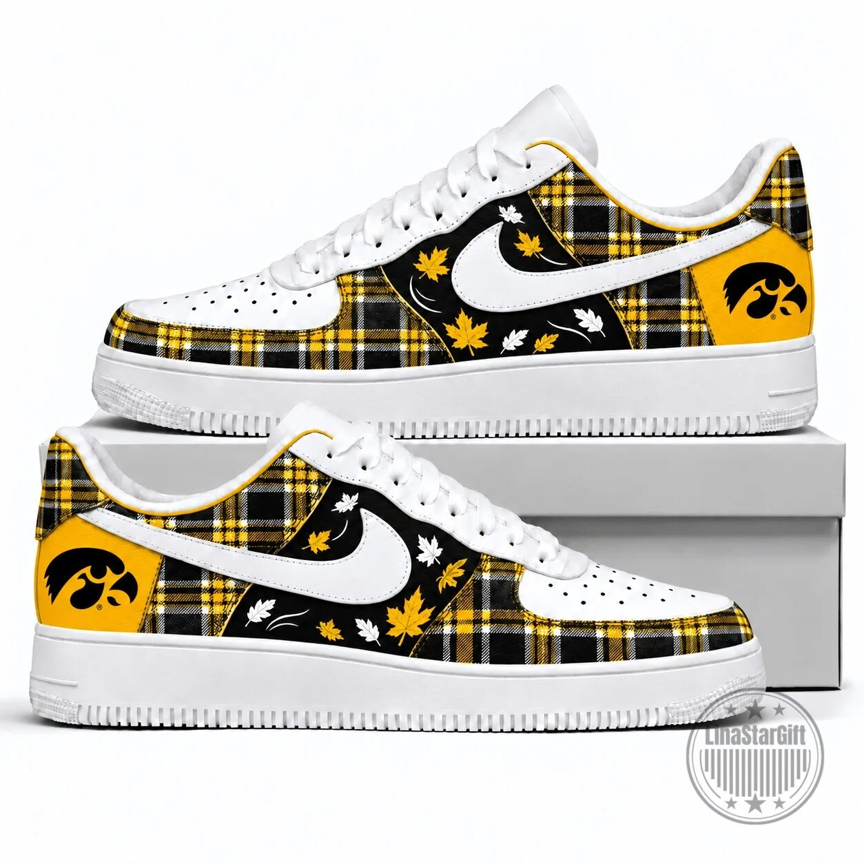 Iowa Hawkeyes Fall Plaid Custom Printed White Sole Sneakers