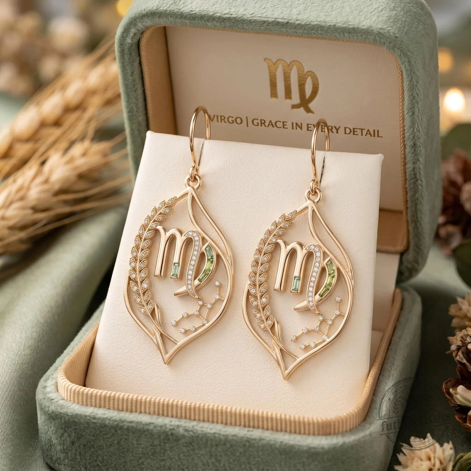 Virgo Zodiac Sign Gold Plated Drop Earrings with Cubic Zirconia and Peridot Gemstones