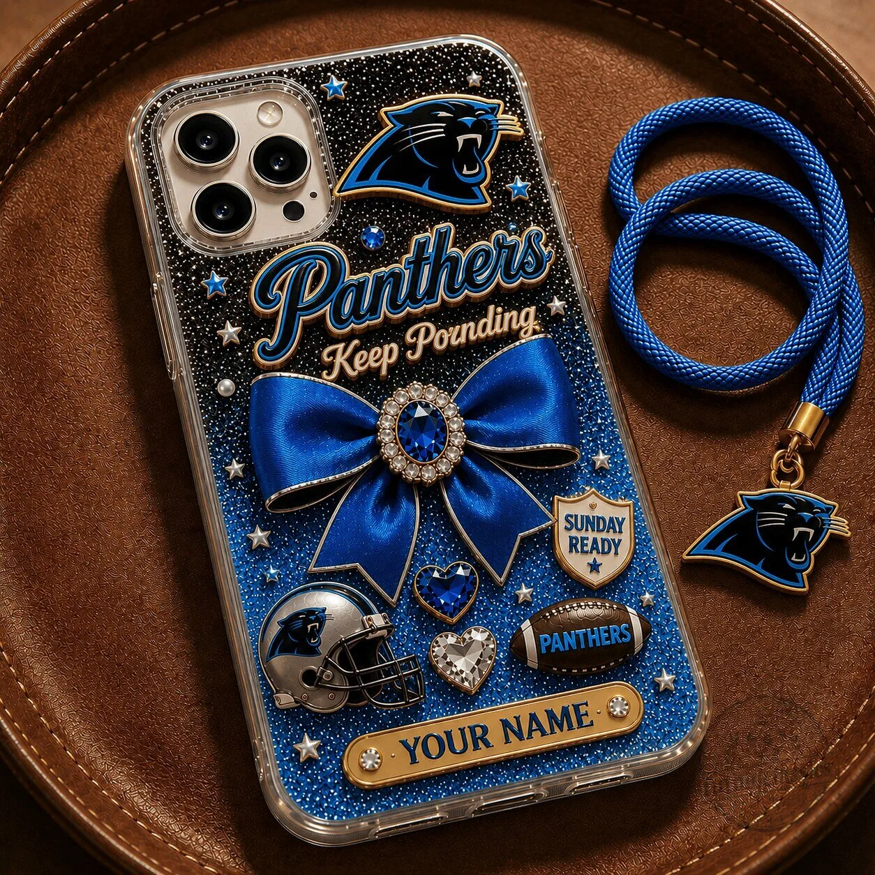 Carolina Panthers Football Team Custom Name Glitter Phone Case with Lanyard