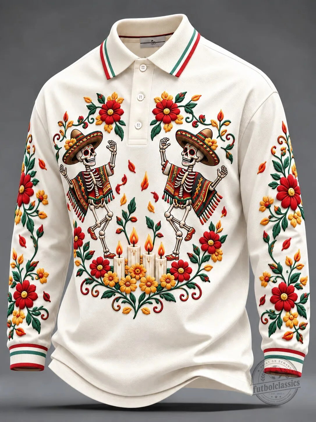 Day of the Dead Dancing Skeletons Embroidered Long-Sleeve Polo Shirt