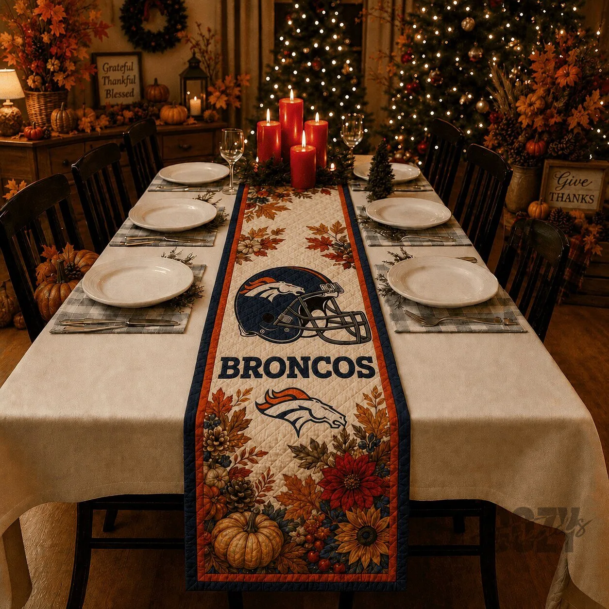 Denver Broncos NFL Thanksgiving Football Fall Leaves Table Runner 1 Denver Broncos NFL Thanksgiving Football Fall Leaves Table Runner