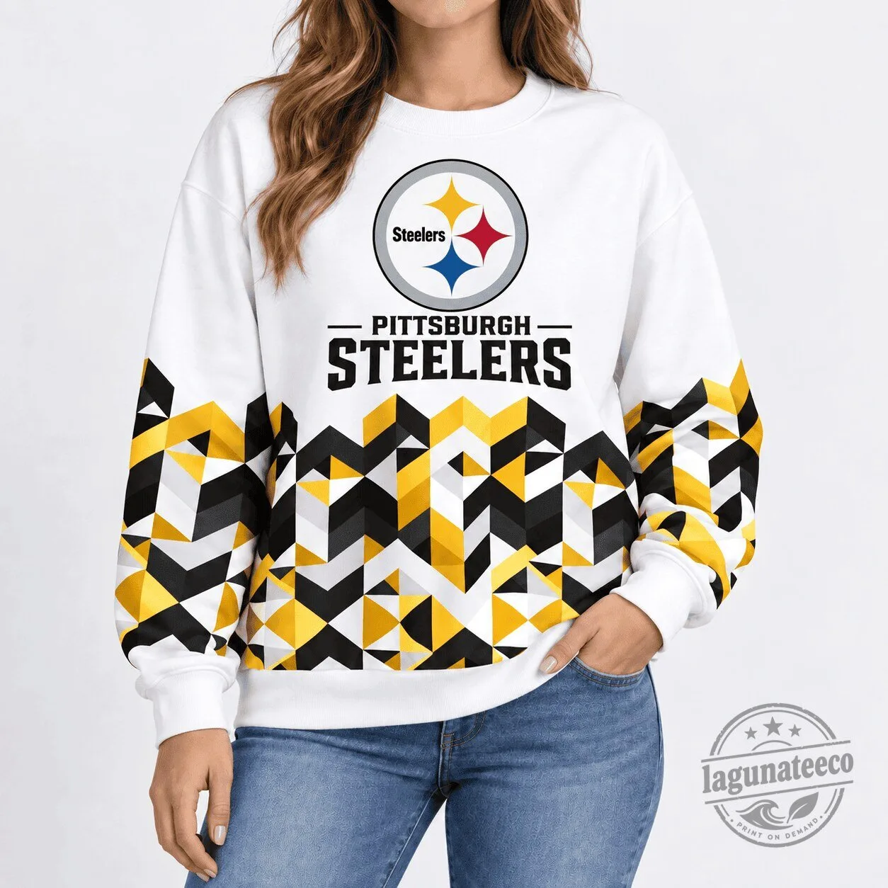 Pittsburgh Steelers Geometric Chevron Pattern White Crewneck Sweatshirt