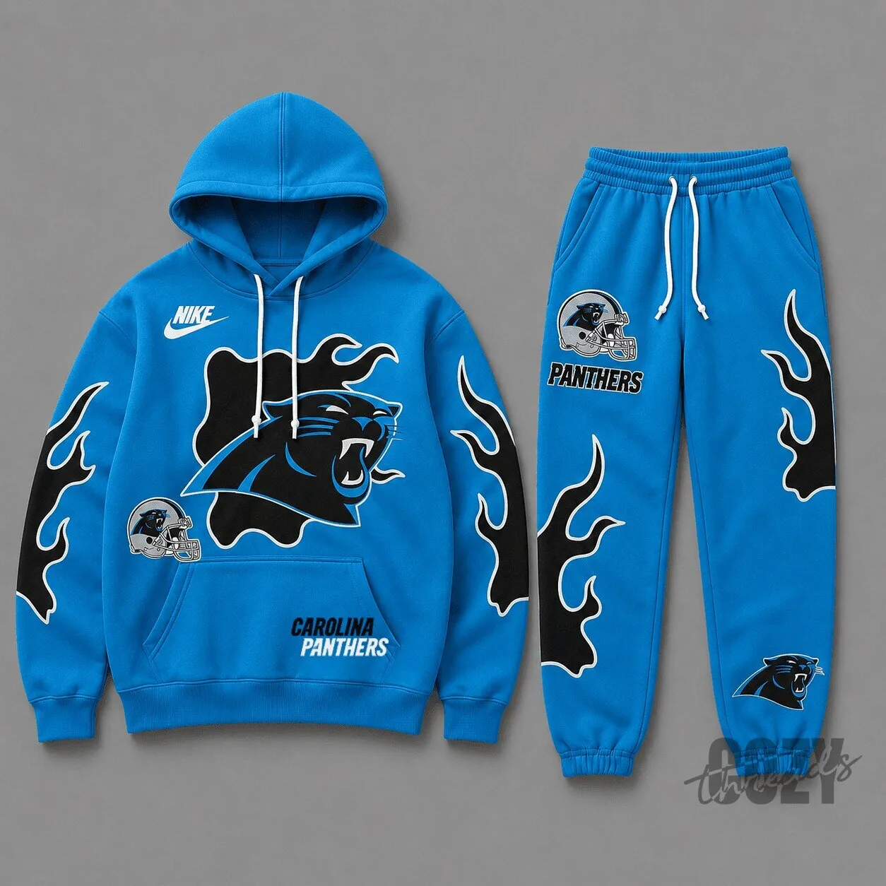 Carolina Panthers Football Team Blue Flame Design Hoodie and Jogger Pants Set