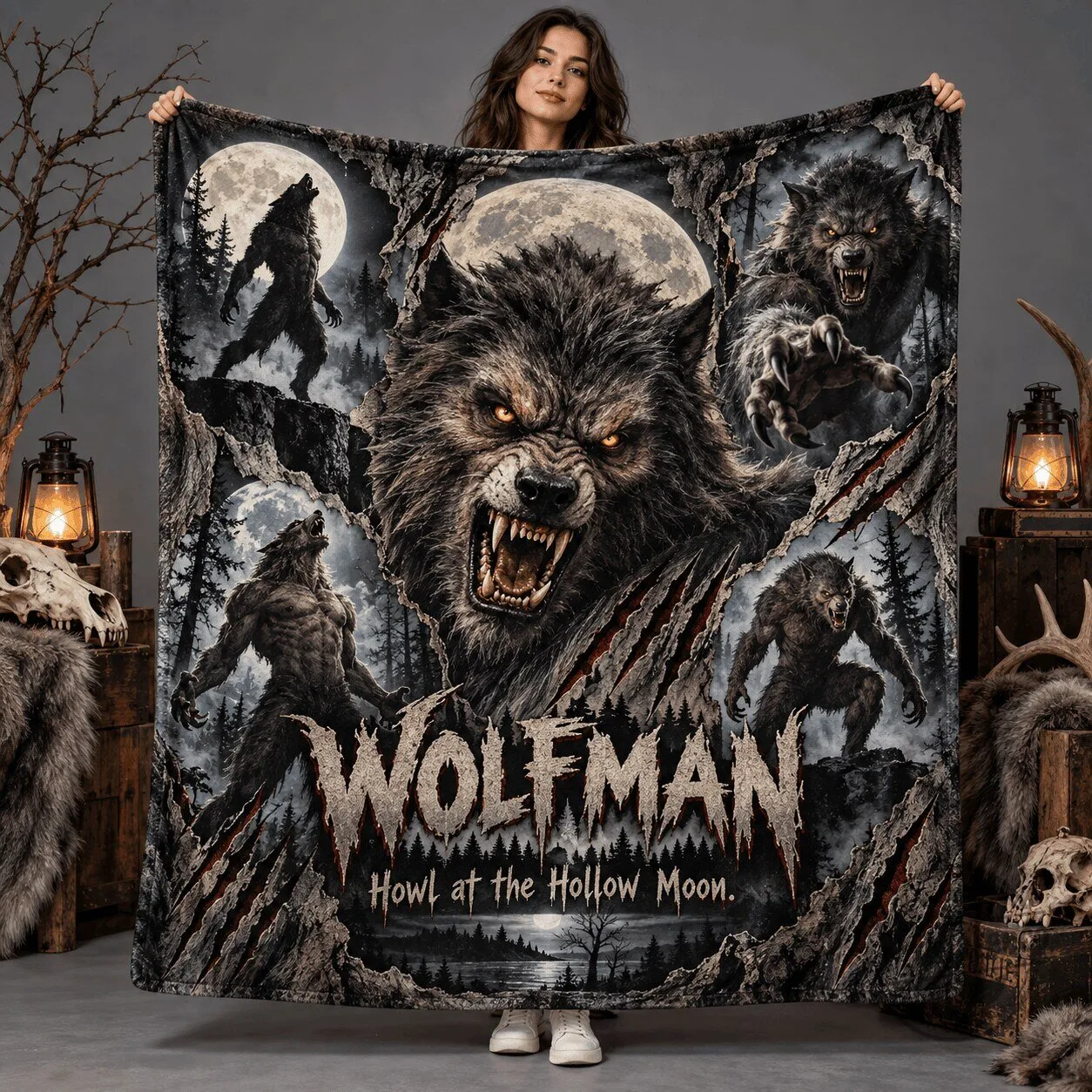 Fleece Blanket Featuring Wolfman Howling at the Moon with a Snarling Portrait