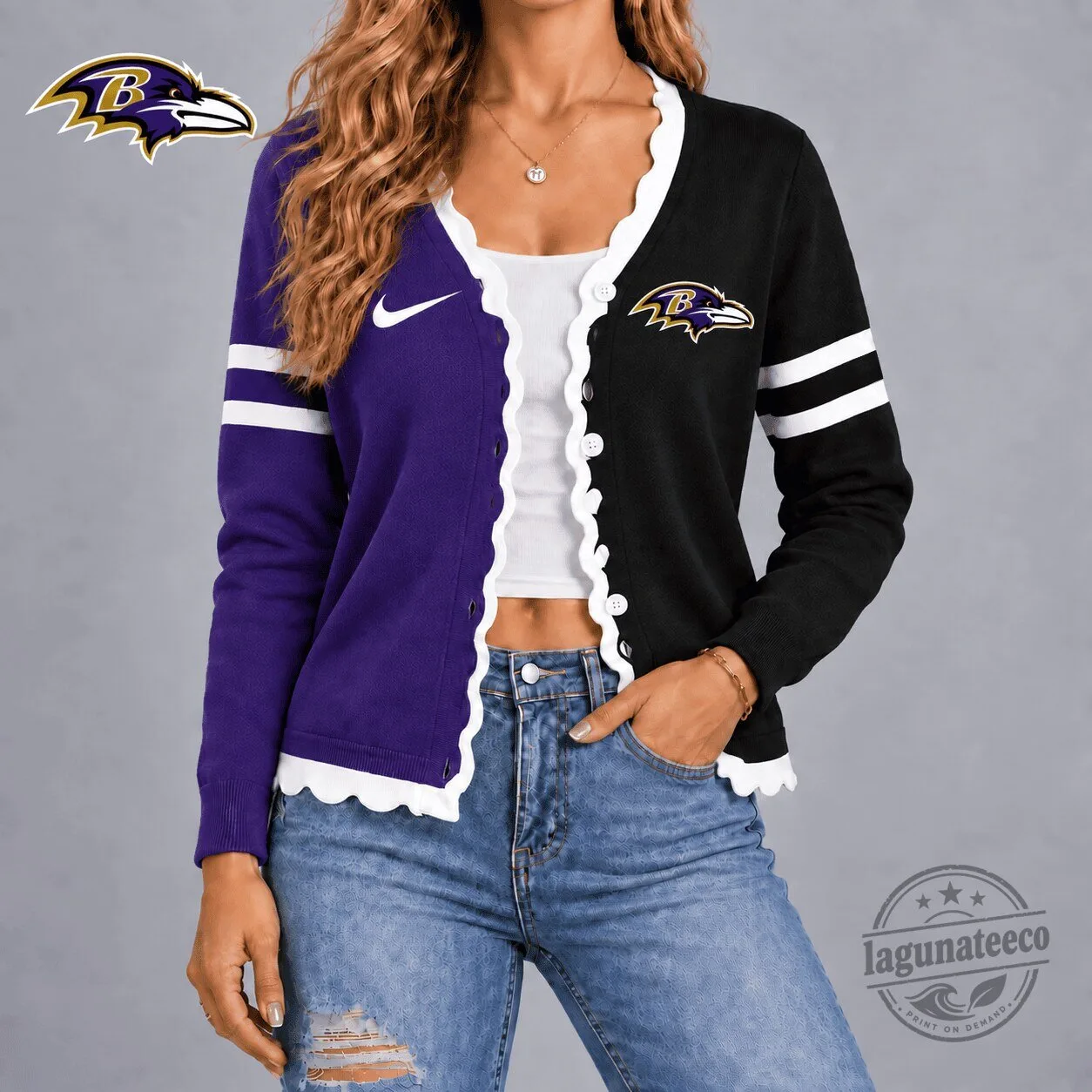 Baltimore Ravens Women's Varsity Stripe Button Cardigan Sweater
