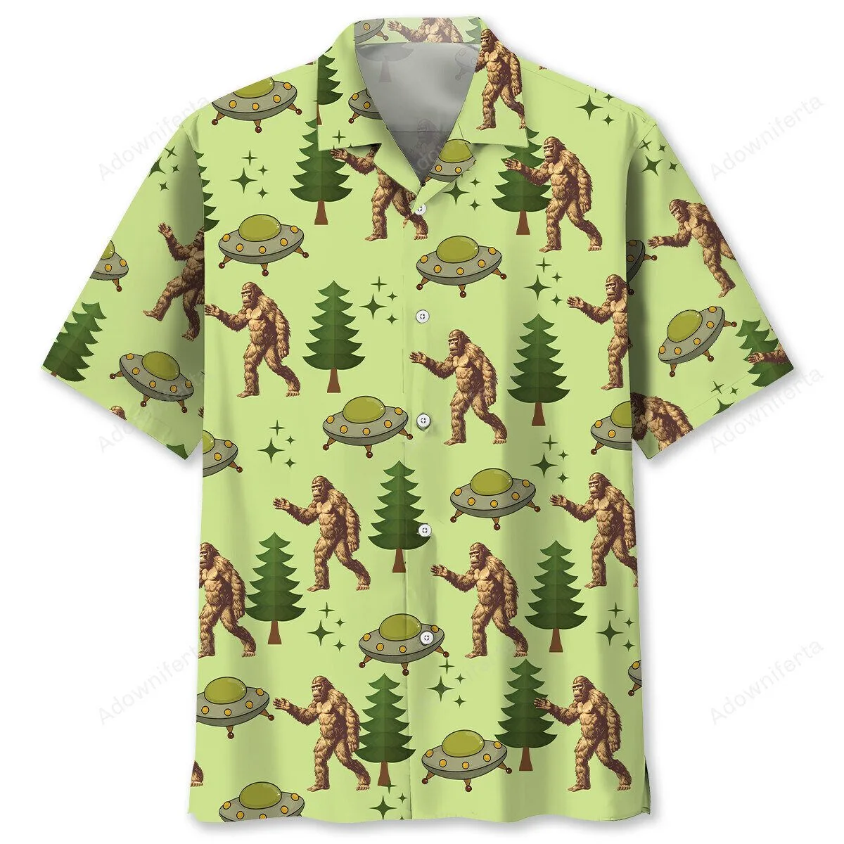 Funny Bigfoot and UFO Alien Spaceship Pattern Hawaiian Shirt