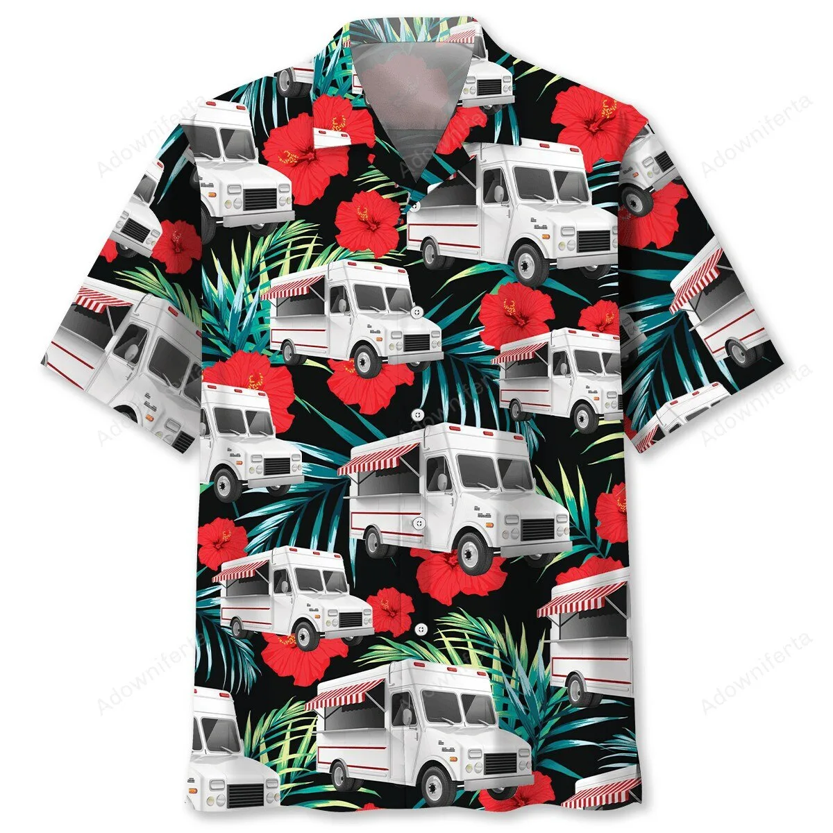 Food Truck Tropical Hibiscus Flower Black Hawaiian Shirt