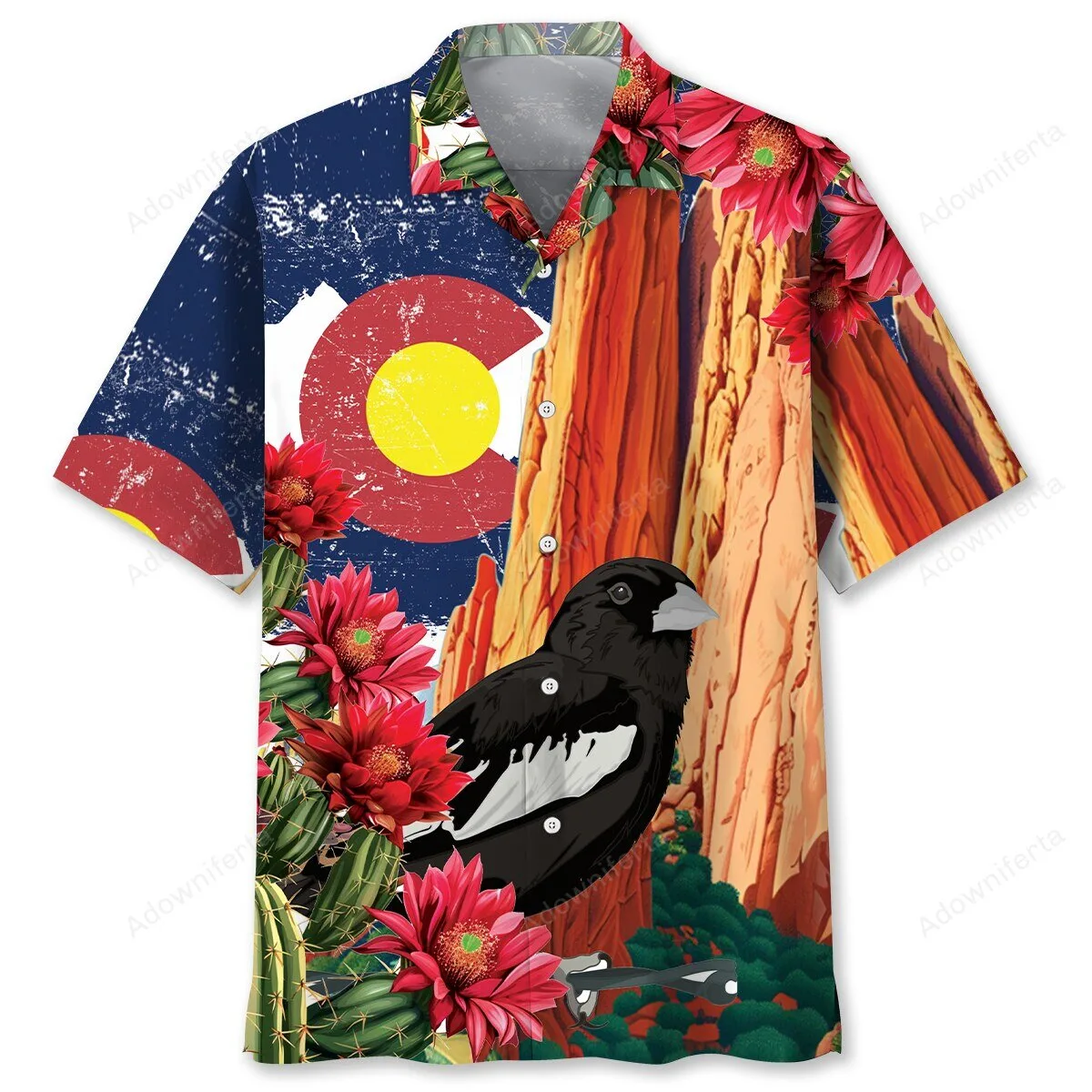 Colorado Desert Landscape with Black-Billed Magpie and Flag Hawaiian Shirt