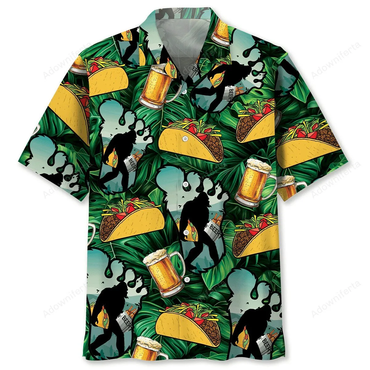 Bigfoot Tacos and Beer Tropical Leaf Pattern Hawaiian Shirt