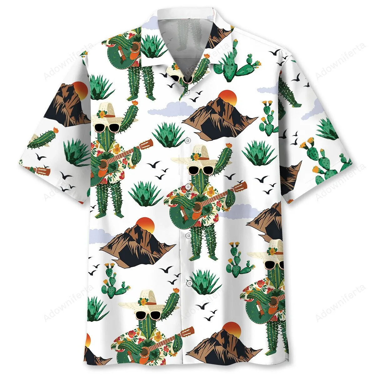 Funny Cactus Playing Guitar Desert Landscape Hawaiian Shirt for Men