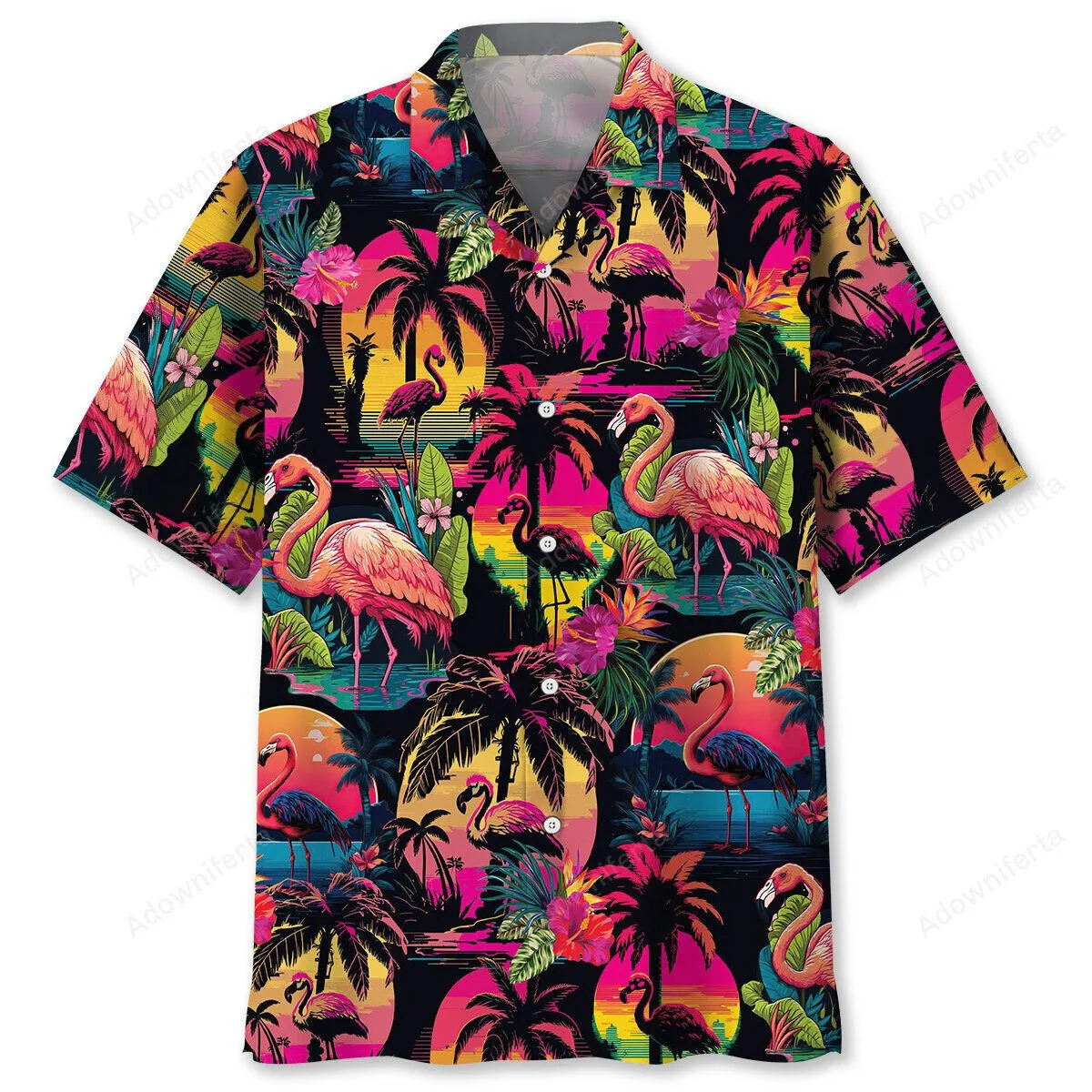 Flamingo Retro Sunset Palm Tree Tropical Hawaiian Shirt