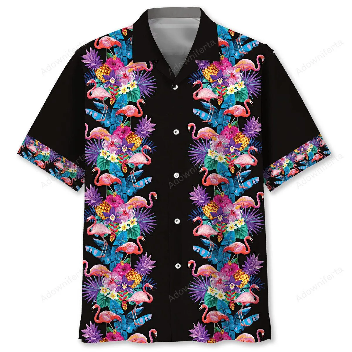 Tropical Flamingo Pineapple Hibiscus Floral Black Hawaiian Shirt