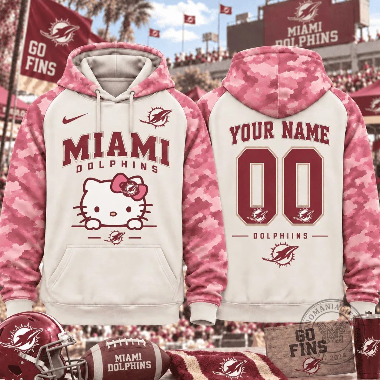 Miami Dolphins Hello Kitty Pink Camouflage Custom Hoodie