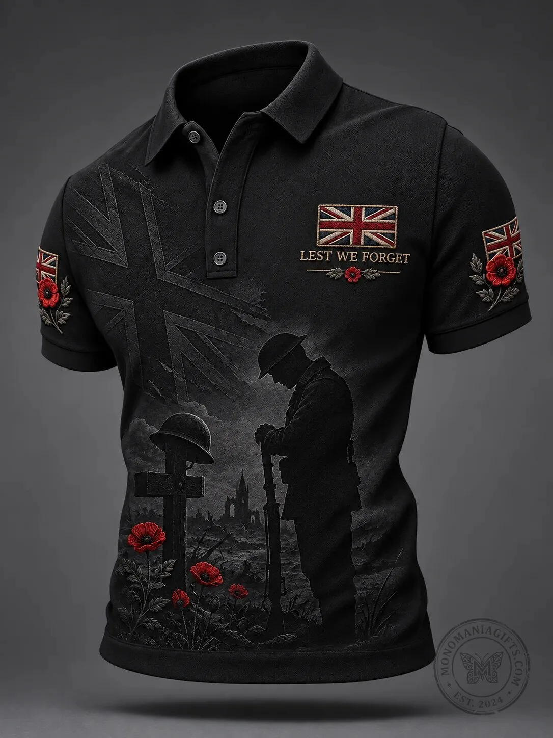 Remembrance Day Lest We Forget United Kingdom Flag Poppy Polo Shirt