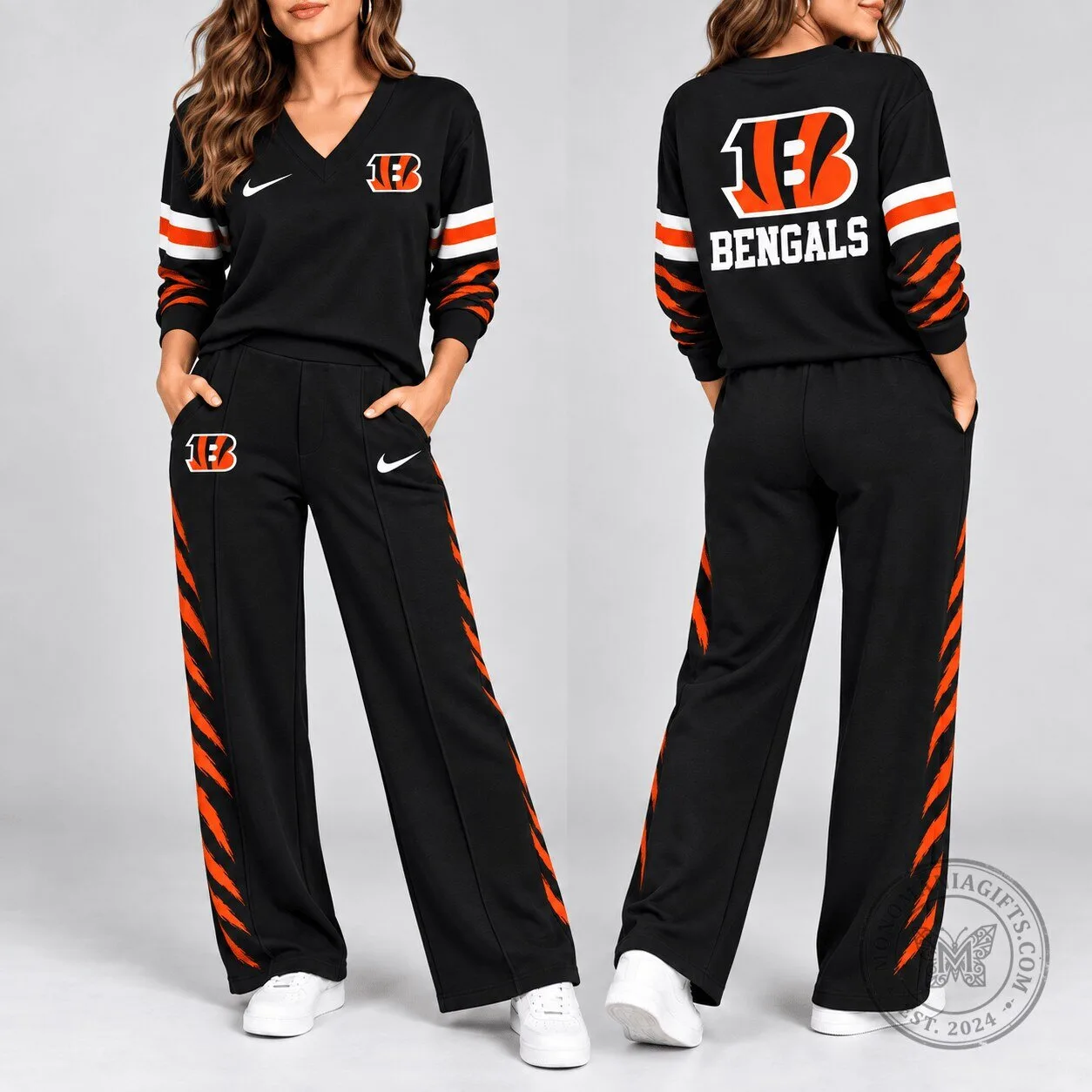 Cincinnati Bengals Women's Black and Orange Stripe V-Neck Lounge Set