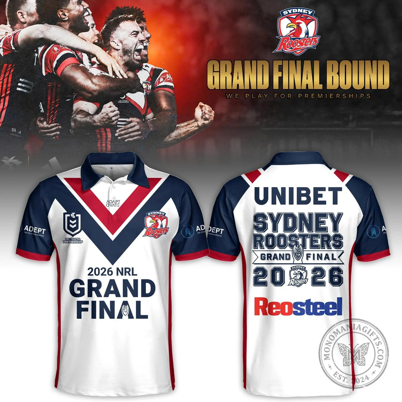 Sydney Roosters 2026 NRL Grand Final White and Blue Polo Shirt 1 Sydney Roosters 2026 NRL Grand Final White and Blue Polo Shirt