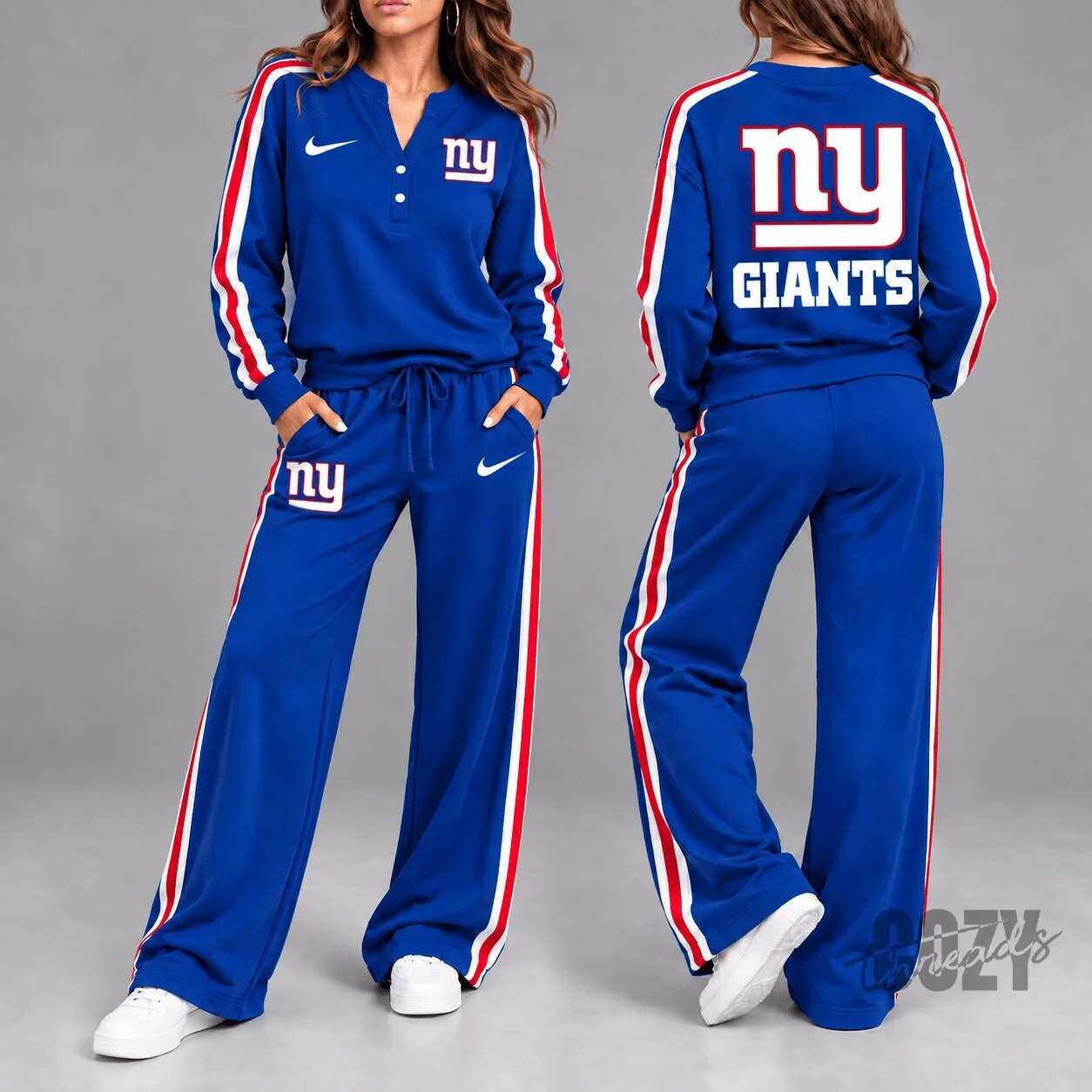 New York Giants Women's Sporty Stripe Long Sleeve Pullover Top and Wide-Leg Pants Set