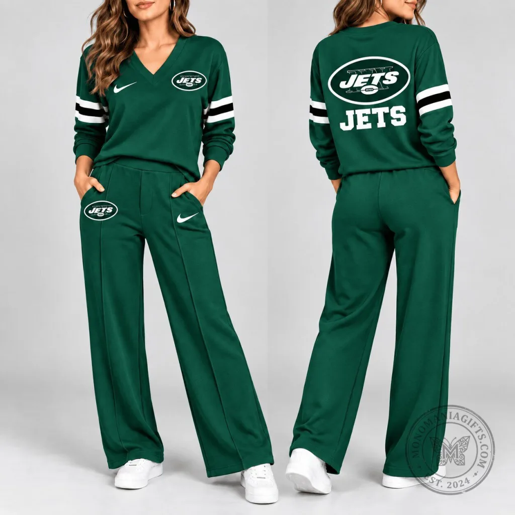New York Jets Women's Green V-Neck Long Sleeve Top and Pants Lounge Set New York Jets Women's Green V-Neck Long Sleeve Top and Pants Lounge Set