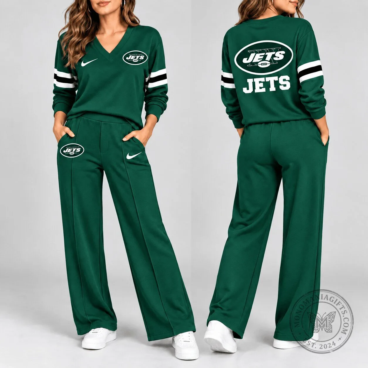 New York Jets Women's Green V-Neck Long Sleeve Top and Pants Lounge Set 1 New York Jets Women