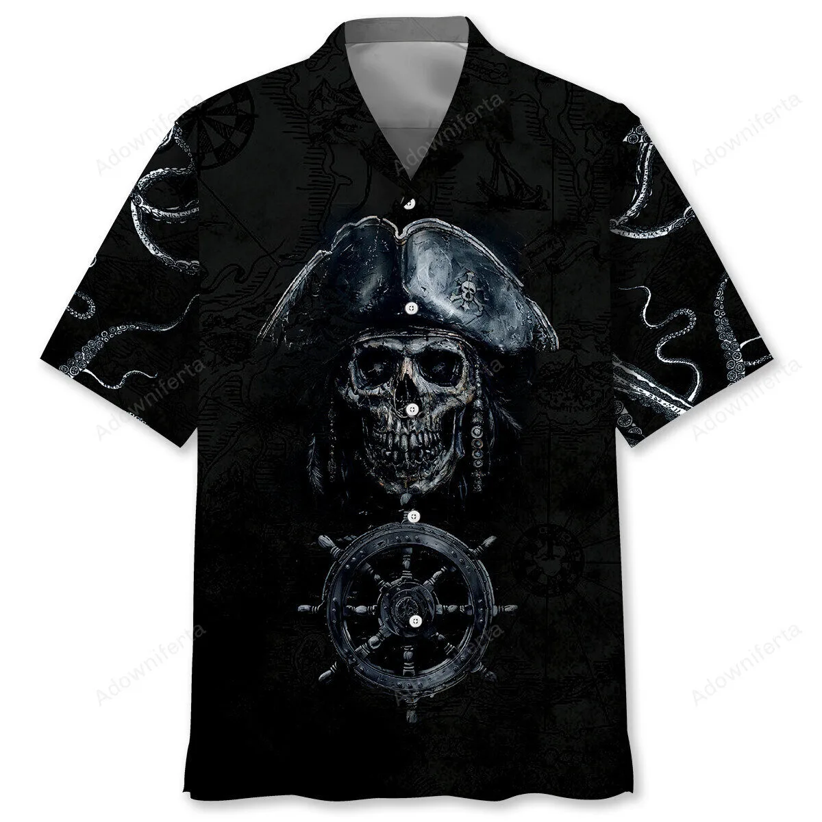 Pirate Skull Captain Wheel Ship Ocean Map Black Hawaiian Shirt