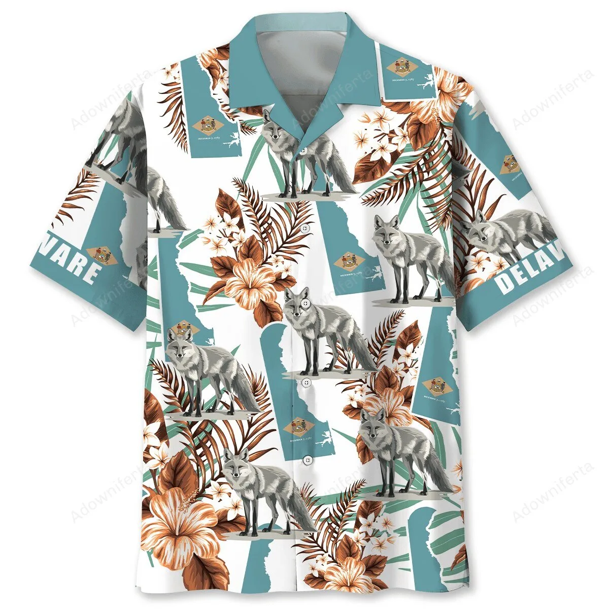 Delaware State Map Fox Tropical Flowers Hawaiian Shirt