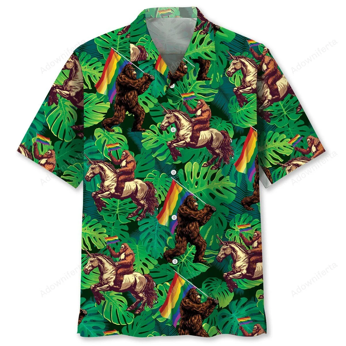 Bigfoot Riding Unicorn Pride Flag Tropical Leaves Hawaiian Shirt