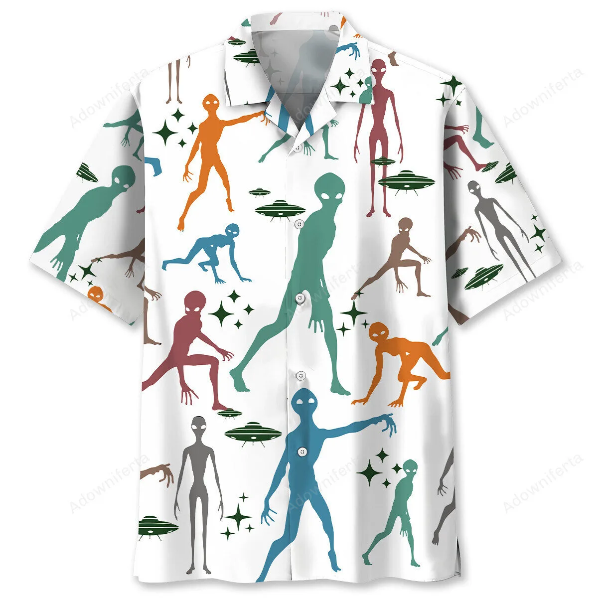 Colorful Alien Silhouettes and UFOs Pattern Hawaiian Shirt for Men and Women