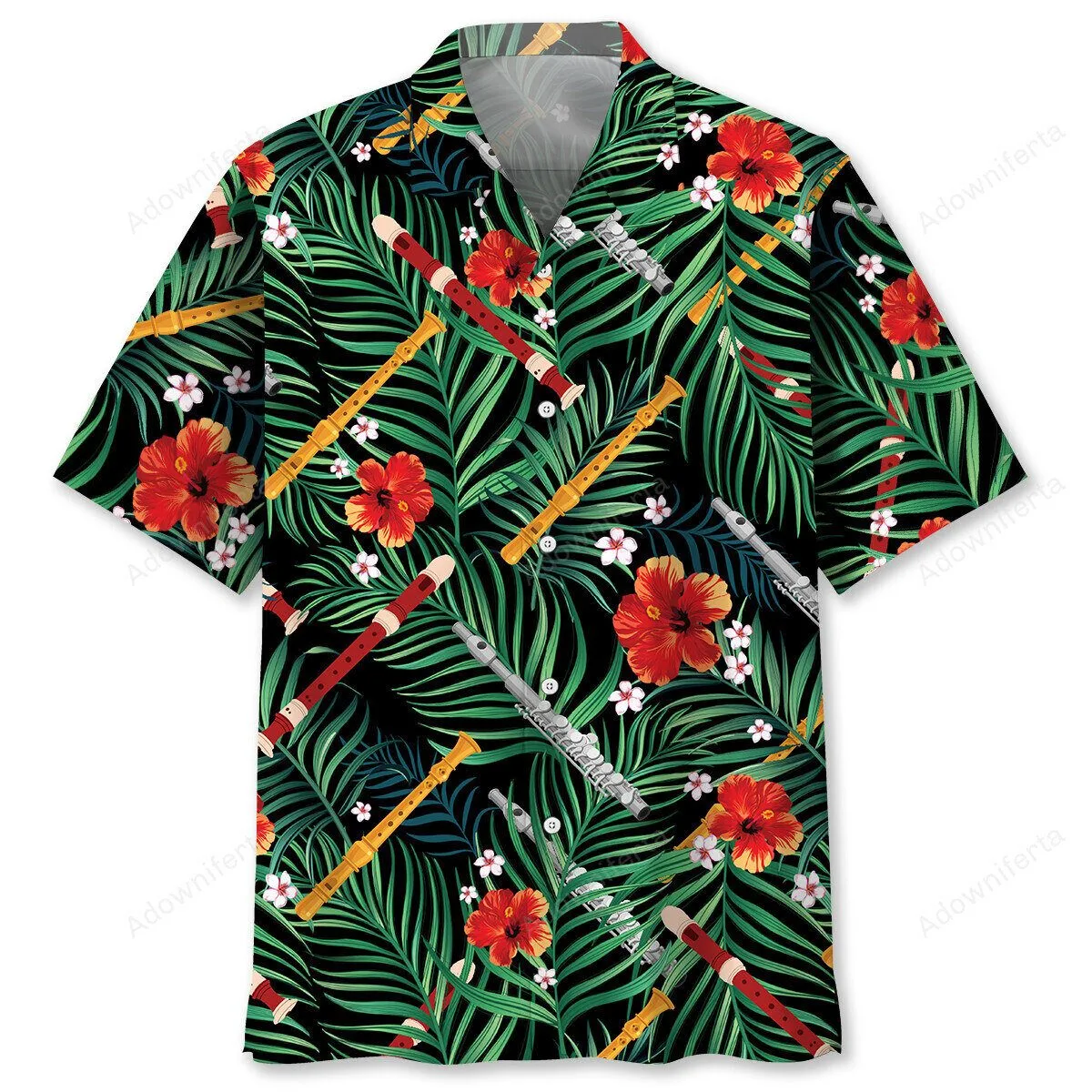Tropical Flute Player Hibiscus Leaves Hawaiian Shirt