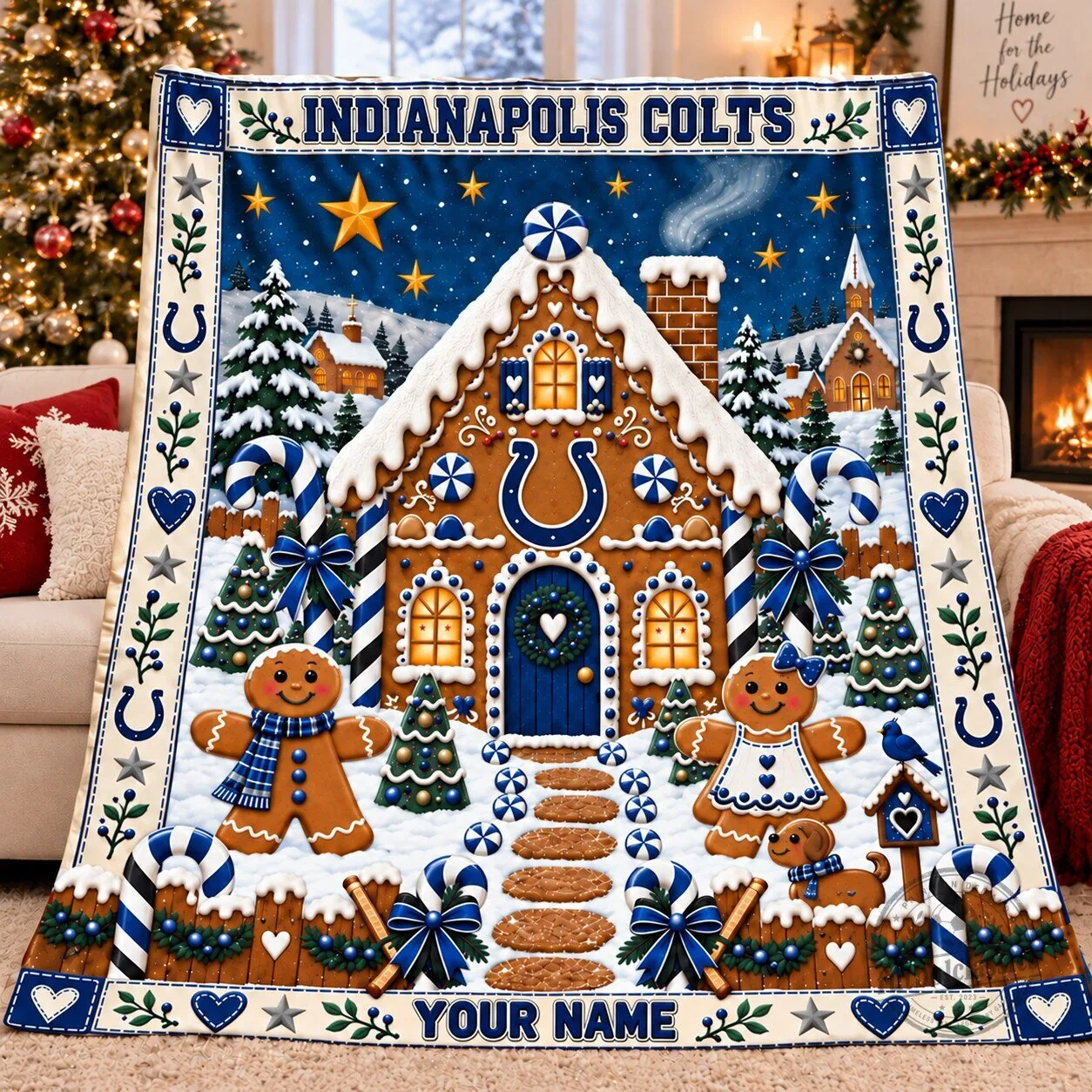 Indianapolis Colts Gingerbread House Christmas Holiday Fleece Blanket