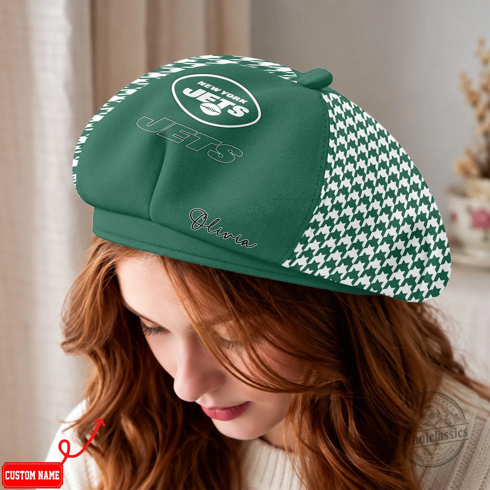 New York Jets Football Team Green Houndstooth Beret Hat