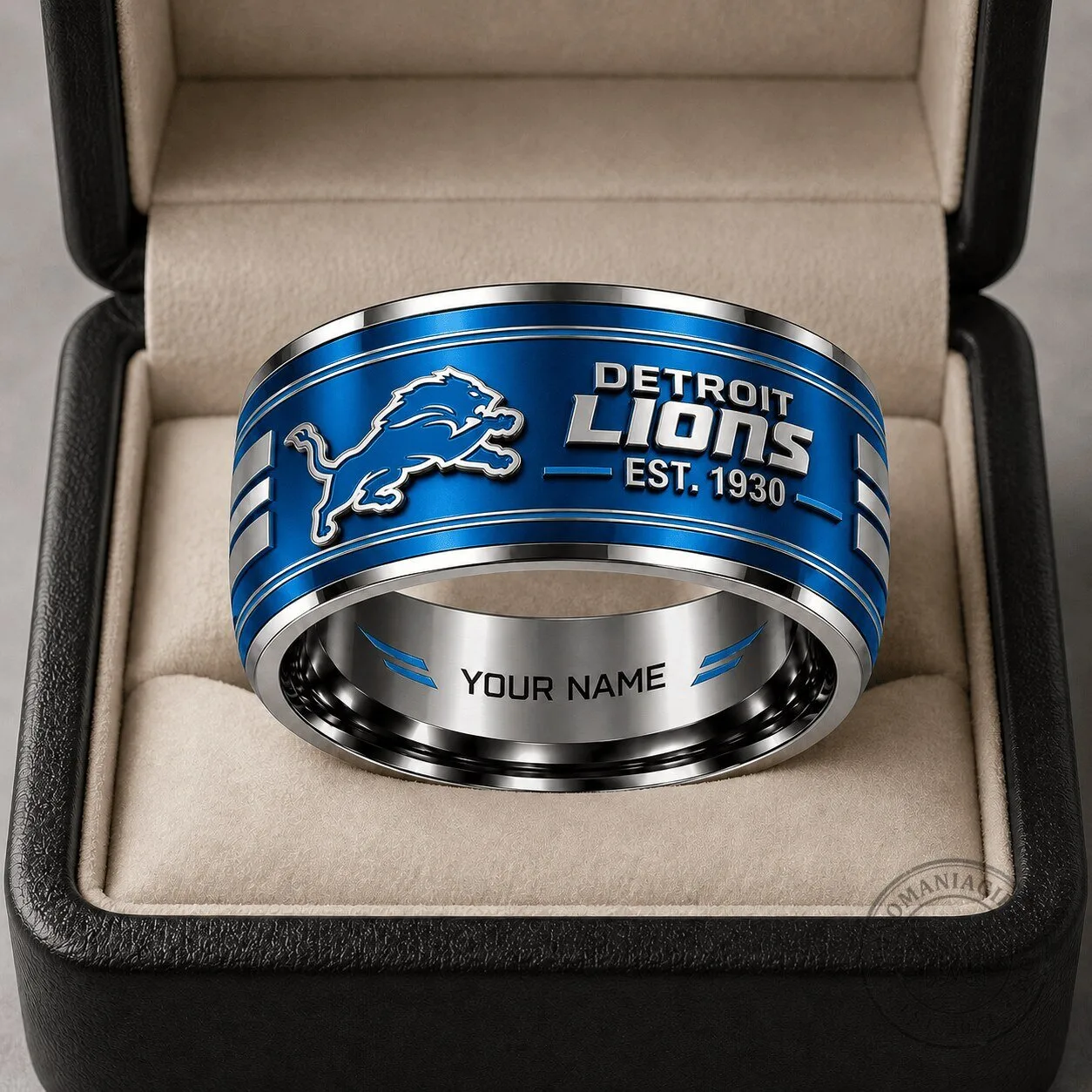 Detroit Lions Fan Personalized Blue Tungsten Steel Ring