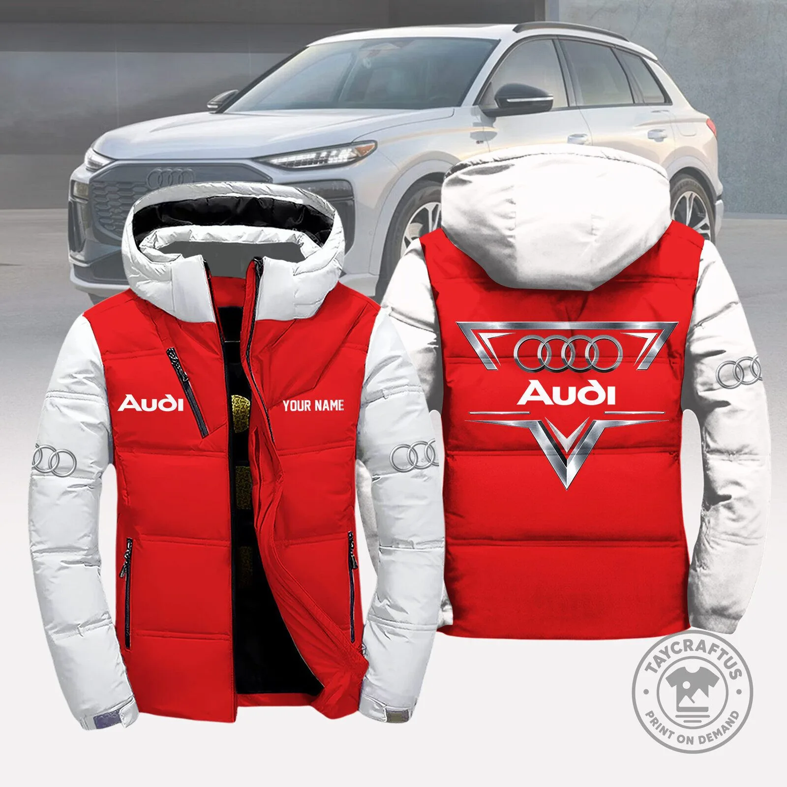 Audi Logo Winter Down Jacket Warm Puffer Coat with Detachable Hood