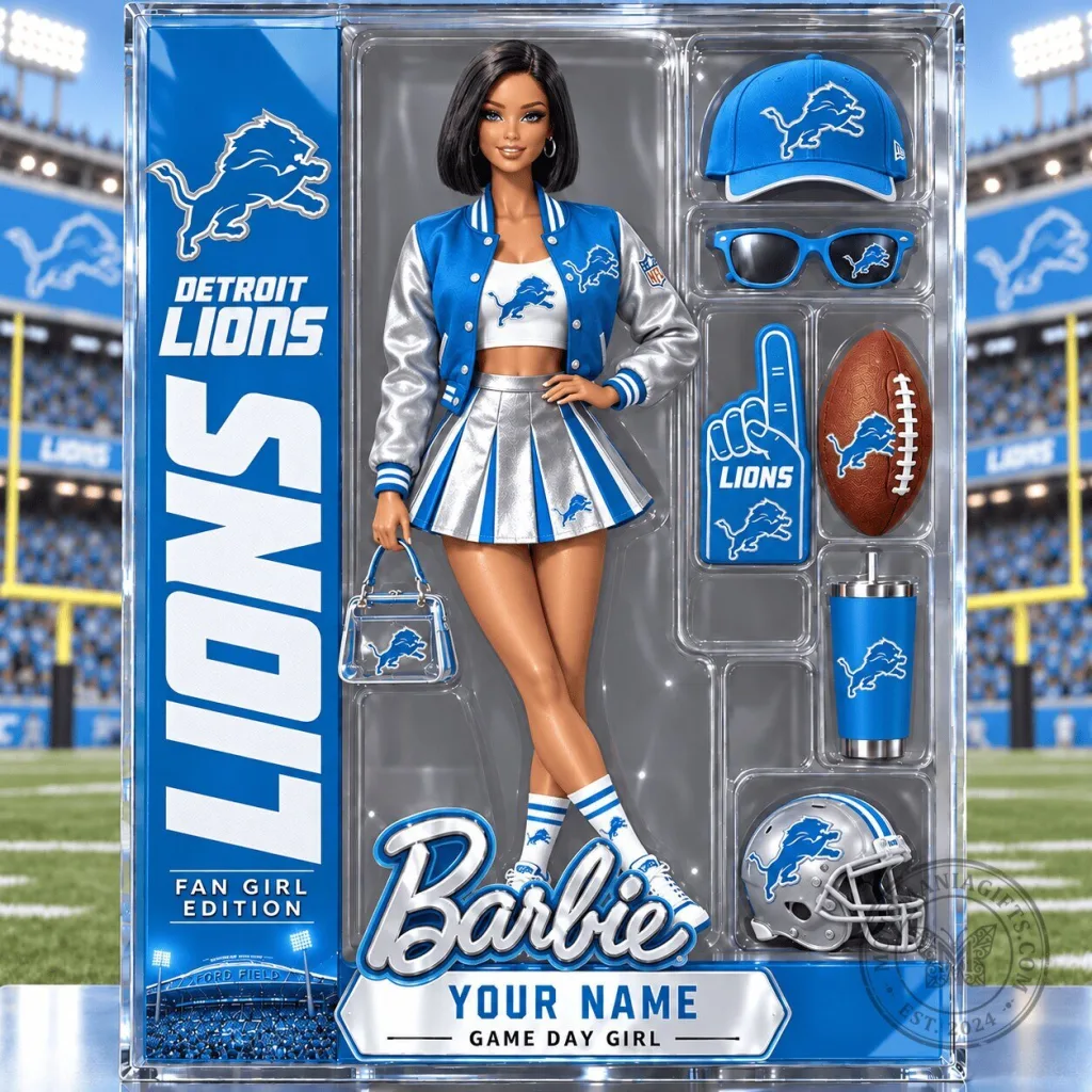 Detroit Lions Fan Barbie Doll Custom Name Acrylic Block Plaque Game Day Girl Edition Detroit Lions Fan Barbie Doll Custom Name Acrylic Block Plaque Game Day Girl Edition