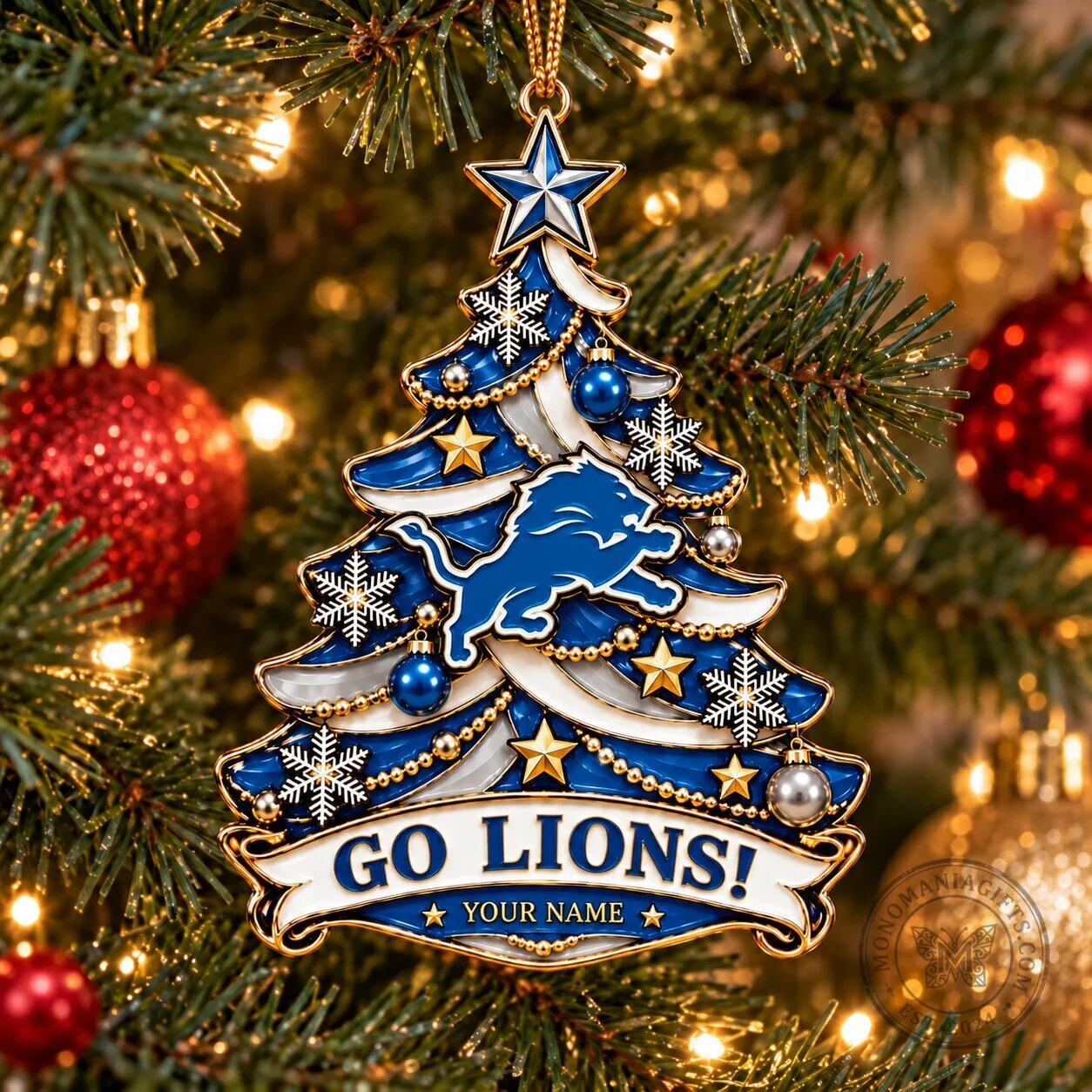 Detroit Lions Fan Christmas Tree Ornament with Custom Name