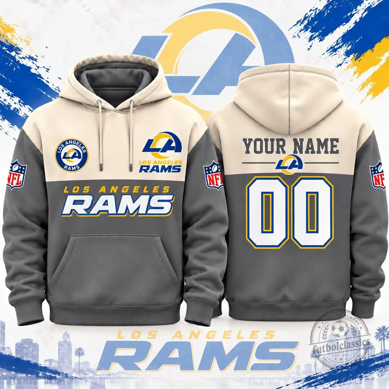 Los Angeles Rams Football Team Custom Varsity Colorblock Pullover Hoodie