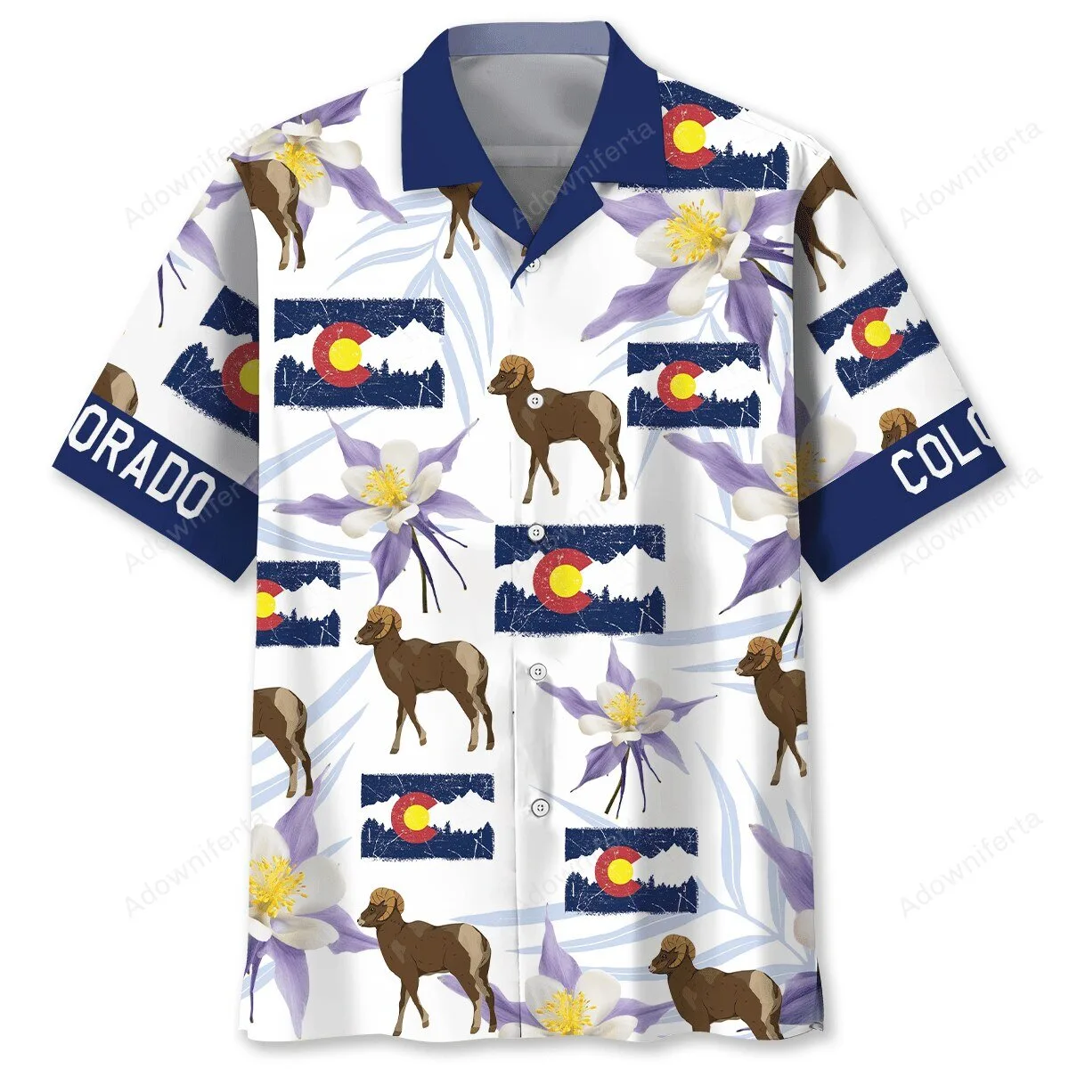 Colorado State Flag Bighorn Sheep Columbine Flower Hawaiian Shirt