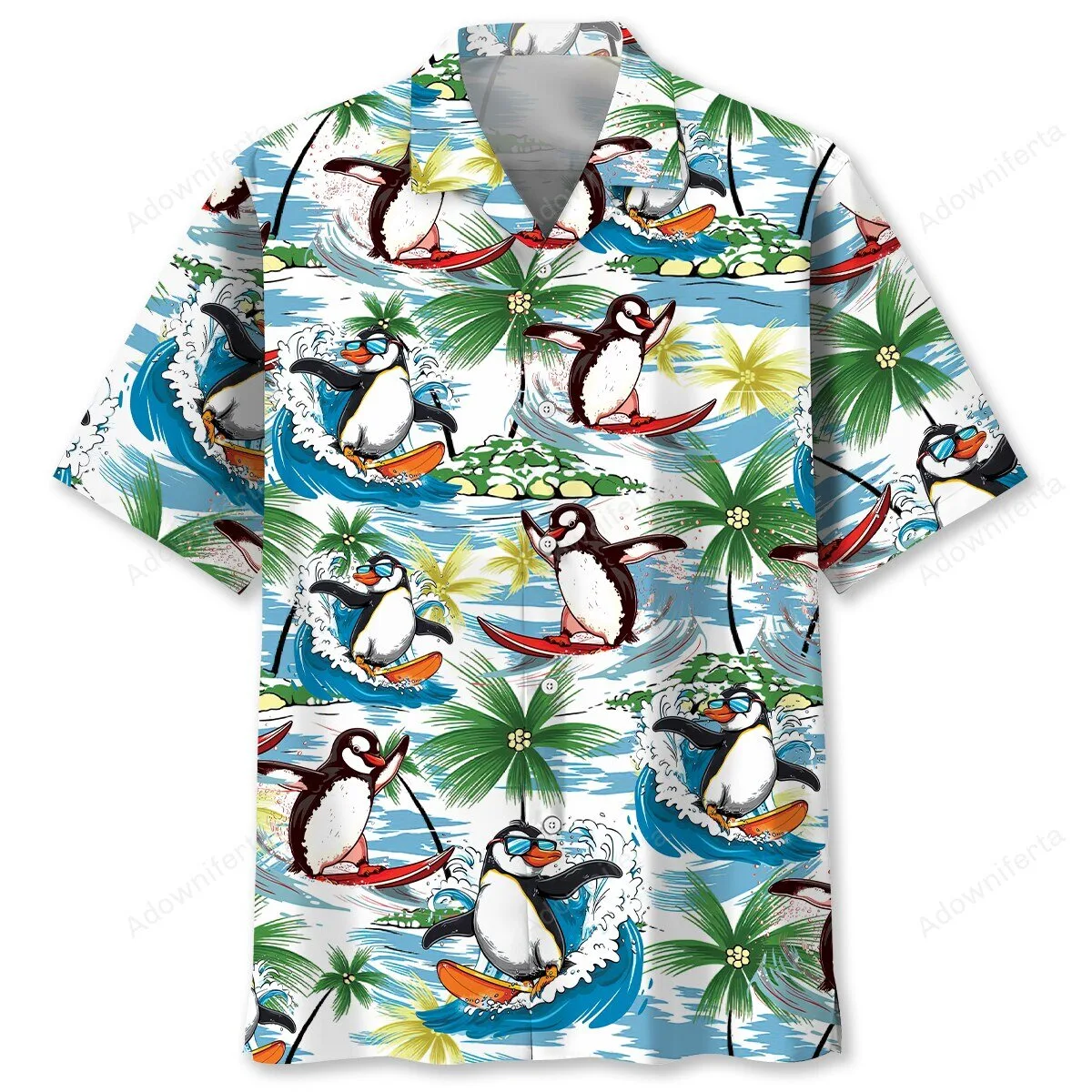 Funny Penguin Surfing Tropical Palm Trees Hawaiian Shirt