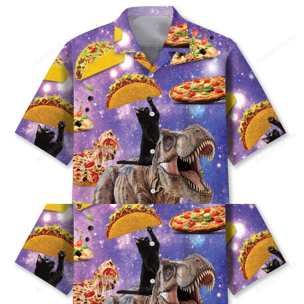 Funny Dinosaur Eating Pizza and Taco with Cat Hawaiian Shirt Funny Dinosaur Eating Pizza and Taco with Cat Hawaiian Shirt