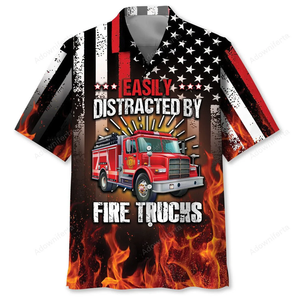 Easily Distracted By Fire Trucks Patriotic Firefighter Hawaiian Shirt