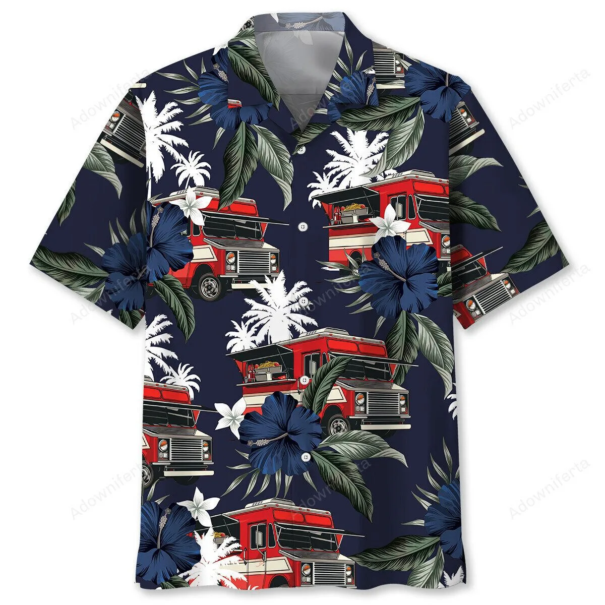 Food Truck And Tropical Hibiscus Pattern Blue Hawaiian Shirt