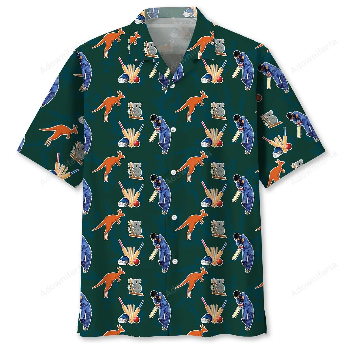Cricket Player and Kangaroo Pattern Green Hawaiian Shirt
