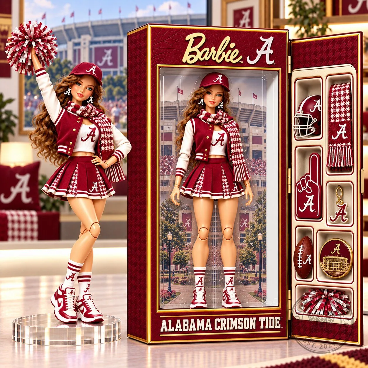 Alabama Crimson Tide Barbie Doll with Cheerleader Uniform and Accessories 1 Alabama Crimson Tide Barbie Doll with Cheerleader Uniform and Accessories