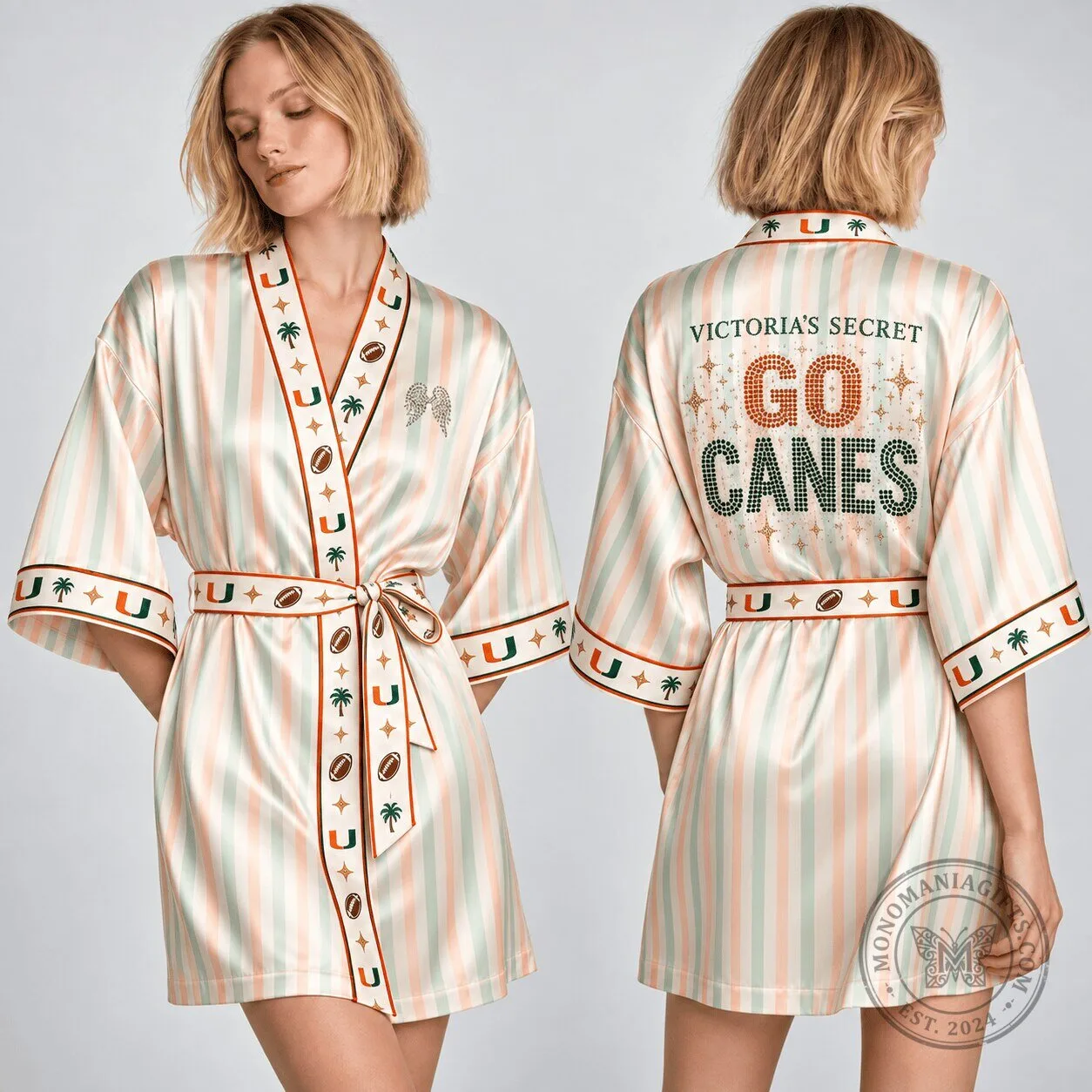 Victoria's Secret Miami Hurricanes Go Canes Striped Satin Robe